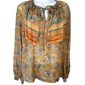 Vintage Barbara Colvin Orange Blue Floral Peasant Blouse boho tie neck sheer